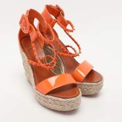 Pre Owned Christian Louboutin Orange Patent Leather Chocazeppa Wedge Sandals Size 37