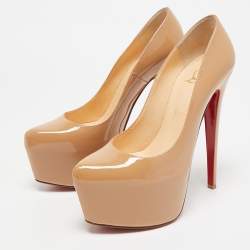 Pre Owned Christian Louboutin Beige Patent Leather Daffodile Platform Pumps Size 38