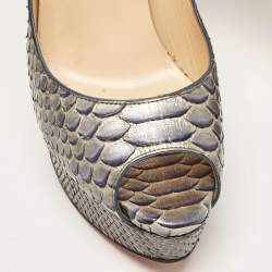 Pre Owned Christian Louboutin Metallic Blue Python Lady Peep Pumps Size 37.5
