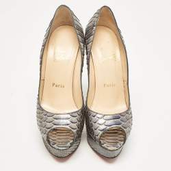 Pre Owned Christian Louboutin Metallic Blue Python Lady Peep Pumps Size 37.5