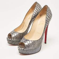 Pre Owned Christian Louboutin Metallic Blue Python Lady Peep Pumps Size 37.5