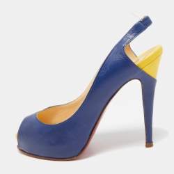 Christian Louboutin Navy Blue/Yellow Leather No Prive Peep-Toe Slingback Sandals Size 36