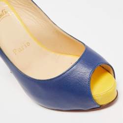 Christian Louboutin Navy Blue/Yellow Leather No Prive Peep-Toe Slingback Sandals Size 36