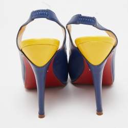 Christian Louboutin Navy Blue/Yellow Leather No Prive Peep-Toe Slingback Sandals Size 36