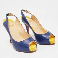 Christian Louboutin Navy Blue/Yellow Leather No Prive Peep-Toe Slingback Sandals Size 36