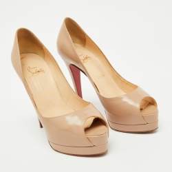 Christian Louboutin Beige Patent Leather Altadama Platform Peep Toe Pumps Size 38.5