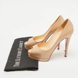 Christian Louboutin Beige Patent Leather Altadama Platform Peep Toe Pumps Size 38.5