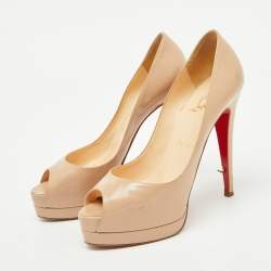 Christian Louboutin Beige Patent Leather Altadama Platform Peep Toe Pumps Size 38.5