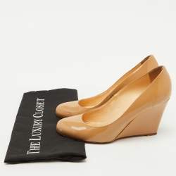 Pre Owned Christian Louboutin Beige Patent Leather RonRon Zeppa Wedge Pumps Size 38.5