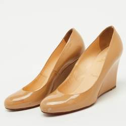 Pre Owned Christian Louboutin Beige Patent Leather RonRon Zeppa Wedge Pumps Size 38.5