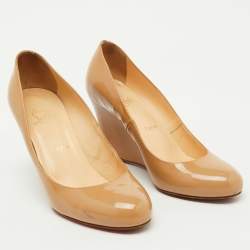 Pre Owned Christian Louboutin Beige Patent Leather RonRon Zeppa Wedge Pumps Size 38.5
