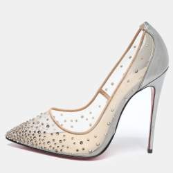 Christian Louboutin Grey/Beige Leather and Mesh Follies Resille Pumps Size 37