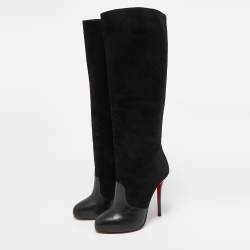 Christian Louboutin Black Leather and Suede Knee Length Boots Size 37