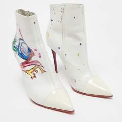 Pre Owned Christian Louboutin White Leather and Patent Leather In Love Ankle Length Boots Size 37