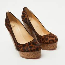 Christian Louboutin Brown Leopard Print Calf Hair Cork Wedge Platform Pumps Size 36