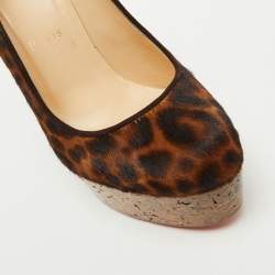 Christian Louboutin Brown Leopard Print Calf Hair Cork Wedge Platform Pumps Size 36