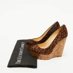 Christian Louboutin Brown Leopard Print Calf Hair Cork Wedge Platform Pumps Size 36