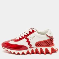 Christian Louboutin White/Red Leather and Rubber Loubishark Lace Up Sneakers Size 39.5