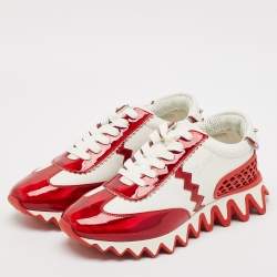 Christian Louboutin White/Red Leather and Rubber Loubishark Lace Up Sneakers Size 39.5