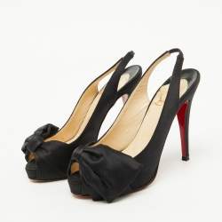 Christian Louboutin Black Satin Bow Peep Toe Platform Slingback Pumps Size 36