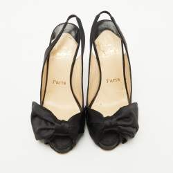 Christian Louboutin Black Satin Bow Peep Toe Platform Slingback Pumps Size 36