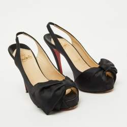 Christian Louboutin Black Satin Bow Peep Toe Platform Slingback Pumps Size 36