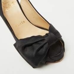 Christian Louboutin Black Satin Bow Peep Toe Platform Slingback Pumps Size 36