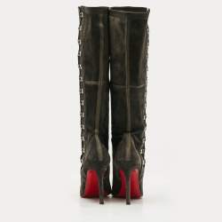 Christian Louboutin Grey Leather and Suede Knee Length Boots Size 37