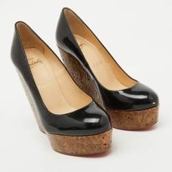 Pre Owned Christian Louboutin Black Patent Leather Cork Platform Wedge Pumps Size 36