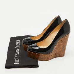 Pre Owned Christian Louboutin Black Patent Leather Cork Platform Wedge Pumps Size 36