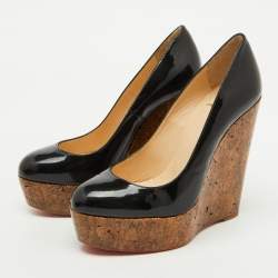 Pre Owned Christian Louboutin Black Patent Leather Cork Platform Wedge Pumps Size 36