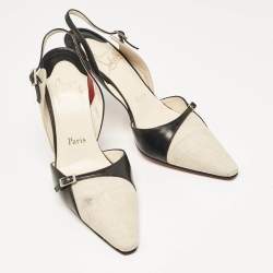 Christian Louboutin Black/White Canvas and Leather Slingback Pumps Size 37
