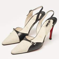 Christian Louboutin Black/White Canvas and Leather Slingback Pumps Size 37