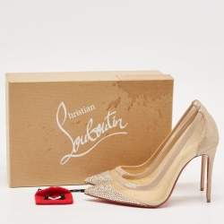 Pre Owned Christian Louboutin Beige Mesh and Suede Galativi Strass Pumps Size 36.5