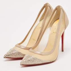 Pre Owned Christian Louboutin Beige Mesh and Suede Galativi Strass Pumps Size 36.5