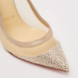 Pre Owned Christian Louboutin Beige Mesh and Suede Galativi Strass Pumps Size 36.5