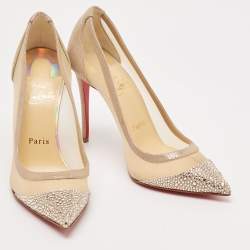 Pre Owned Christian Louboutin Beige Mesh and Suede Galativi Strass Pumps Size 36.5