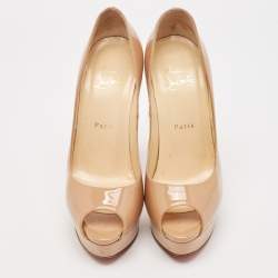 Christian Louboutin Beige Patent Leather Lady Peep Pumps Size 38.5