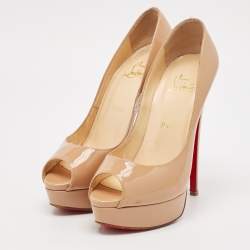 Christian Louboutin Beige Patent Leather Lady Peep Pumps Size 38.5