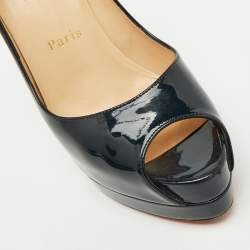 Christian Louboutin Navy Blue Patent Leather Lady Peep Toe Platform Pumps Size 37