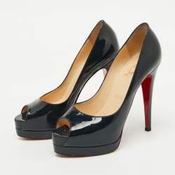 Christian Louboutin Navy Blue Patent Leather Lady Peep Toe Platform Pumps Size 37