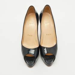 Christian Louboutin Navy Blue Patent Leather Lady Peep Toe Platform Pumps Size 37