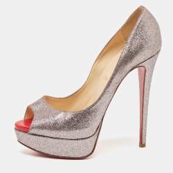 Christian Louboutin Metallic Glitter Lady Peep Toe Platform Pumps Size 38.5