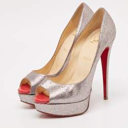 Christian Louboutin Metallic Glitter Lady Peep Toe Platform Pumps Size 38.5