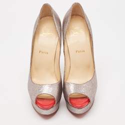 Christian Louboutin Metallic Glitter Lady Peep Toe Platform Pumps Size 38.5