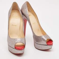 Christian Louboutin Metallic Glitter Lady Peep Toe Platform Pumps Size 38.5
