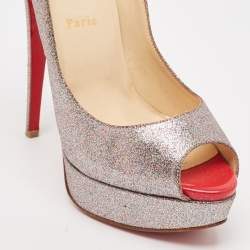 Christian Louboutin Metallic Glitter Lady Peep Toe Platform Pumps Size 38.5