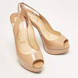 Christian Louboutin Beige Patent Leather Lady Peep Toe Slingback Pumps Size 38.5