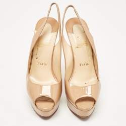 Christian Louboutin Beige Patent Leather Lady Peep Toe Slingback Pumps Size 38.5