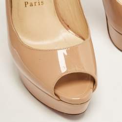Christian Louboutin Beige Patent Leather Lady Peep Toe Slingback Pumps Size 38.5